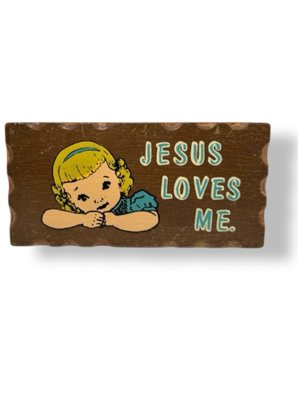 Vintage 'Jesus Loves Me' Wooden Plaque Brown Wood Christian Religious Decor
